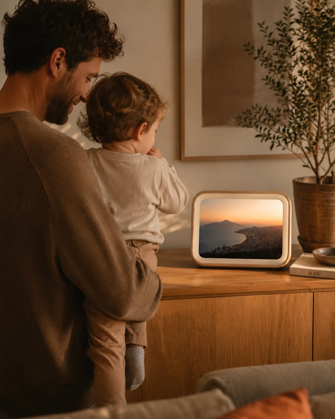 A father and child looking at the NearAway frame at sunset
