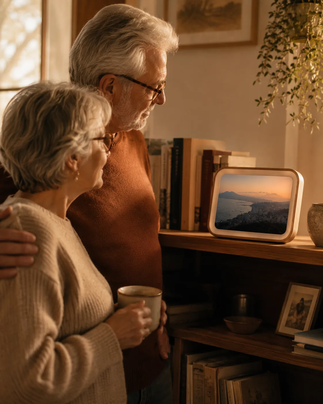 An older couple looking fondly at the NearAway frame